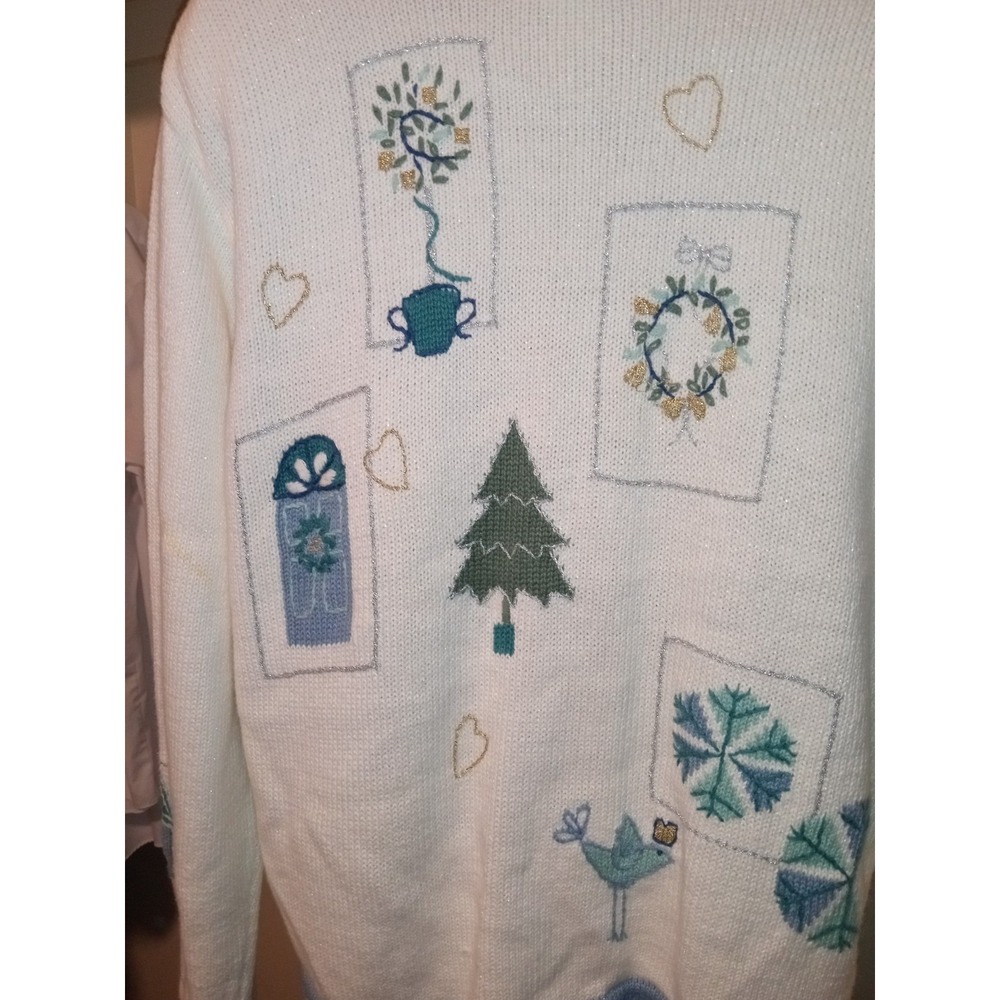 Vintage Winter Wonderland Embroidered Cardigan Sweater Blue Cream Christmas L - Picture 11 of 15